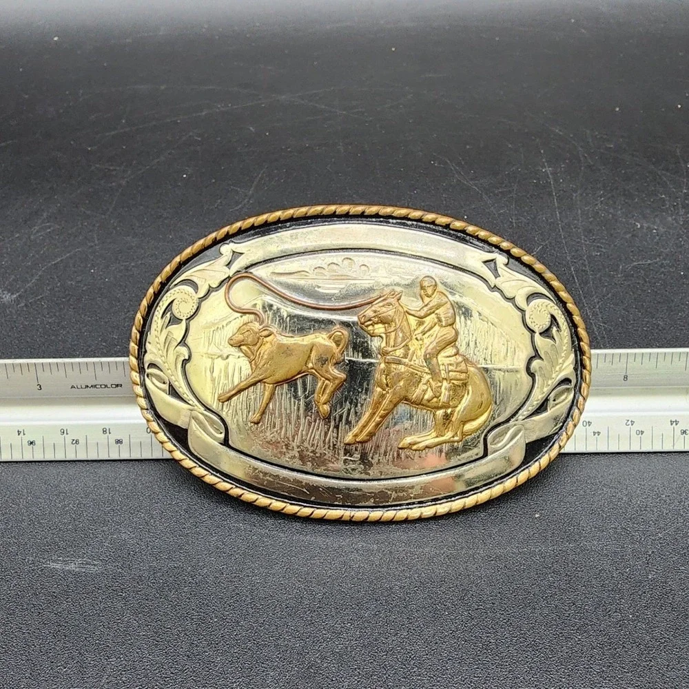 Comstock Silvermiths Gold Cowboy Roping Belt Buckle Western Rodeo German Silver